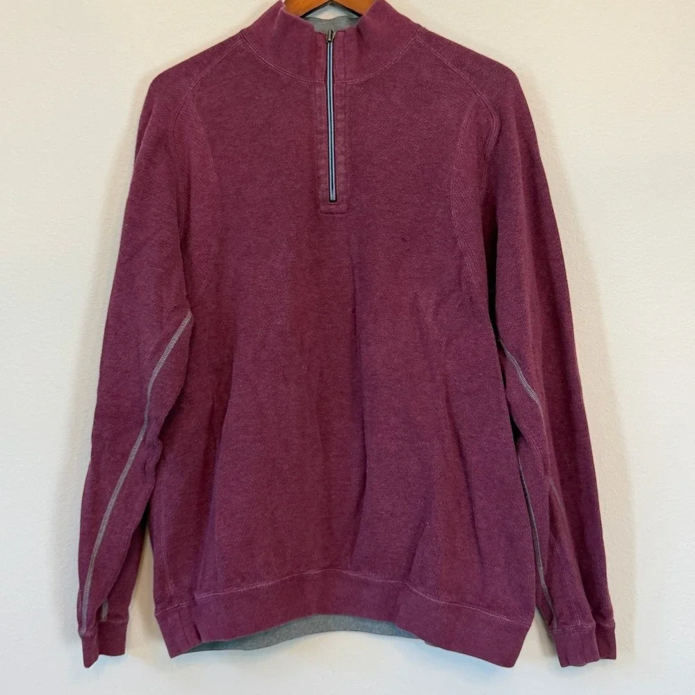 Tommy Bahama Mens XL Quarter Zip Pullover Burgundy Heather Mock Neck Marlin Logo
